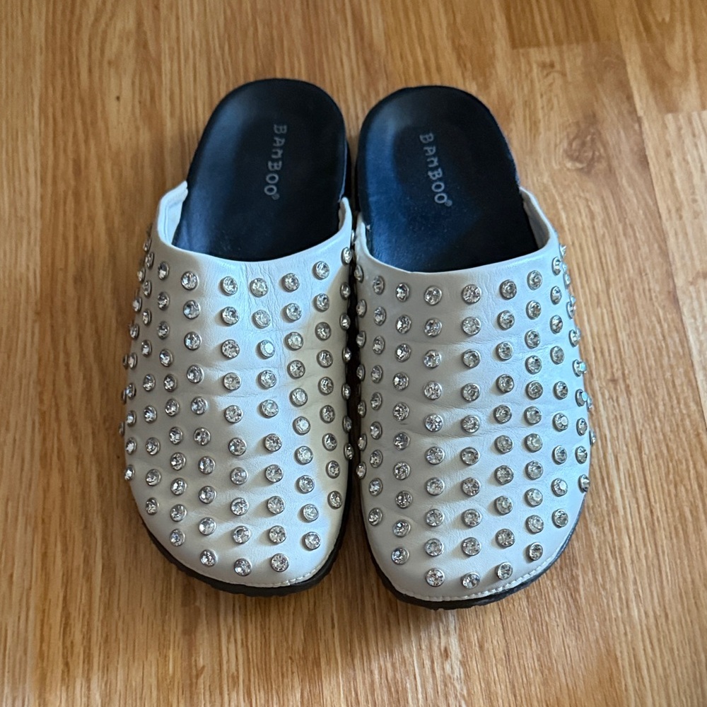 BAMBOO White Studded Slip-On Mules